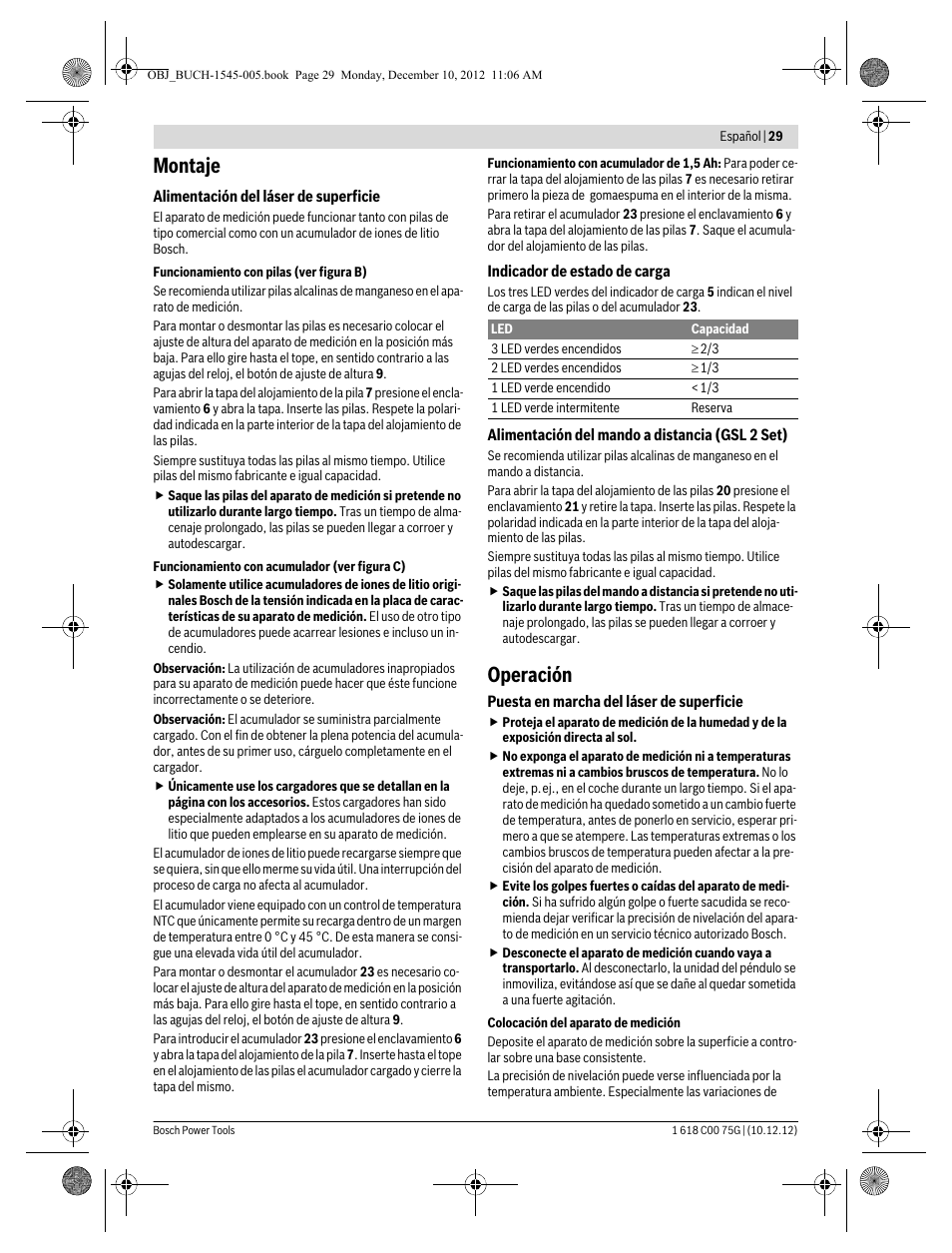 Montaje, Operación | Bosch GSL 2 Professional User Manual | Page 29 / 184
