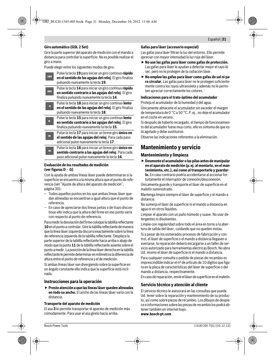 Mantenimiento y servicio | Bosch GSL 2 Professional User Manual | Page 31 / 184