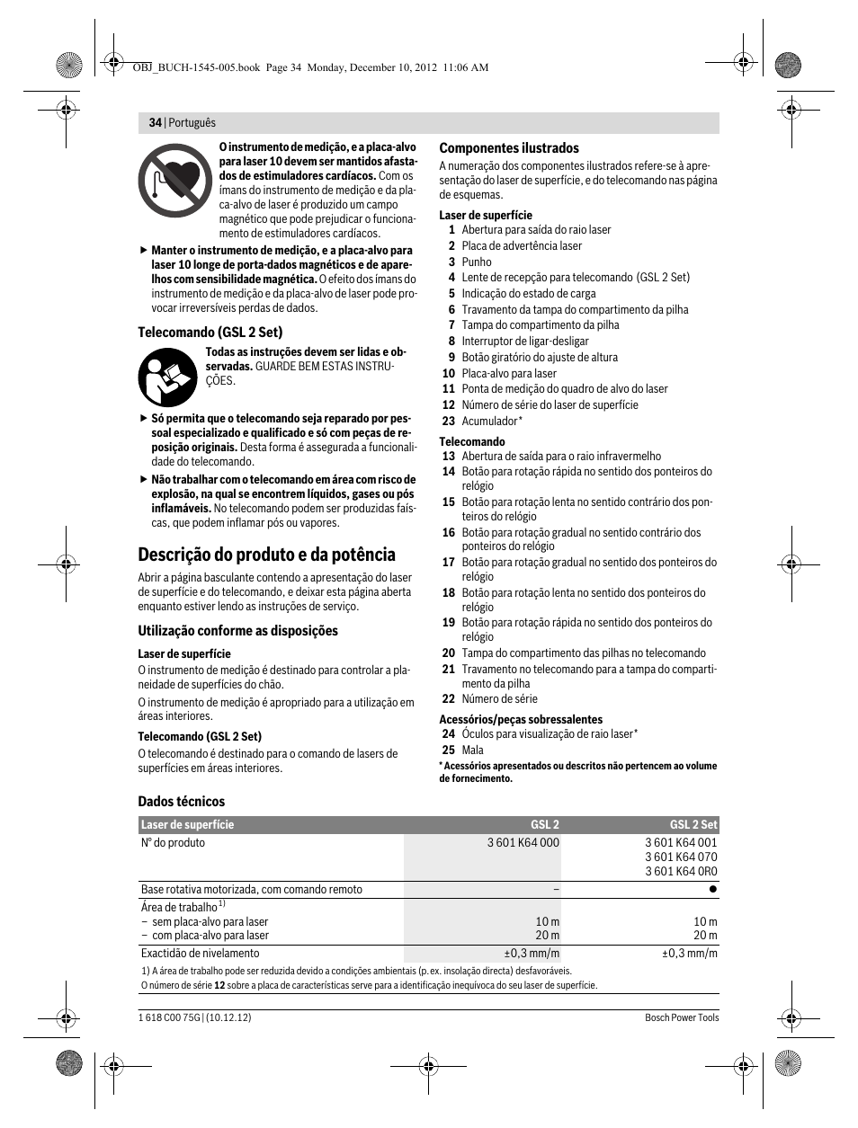 Descrição do produto e da potência | Bosch GSL 2 Professional User Manual | Page 34 / 184