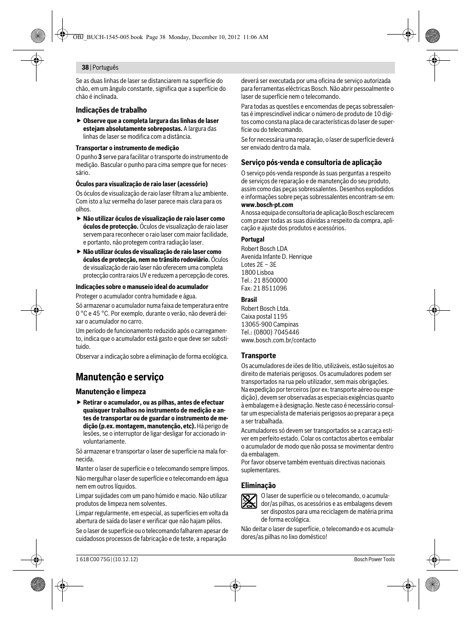 Manutenção e serviço | Bosch GSL 2 Professional User Manual | Page 38 / 184