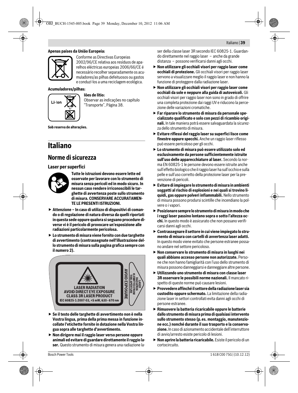 Italiano, Norme di sicurezza | Bosch GSL 2 Professional User Manual | Page 39 / 184