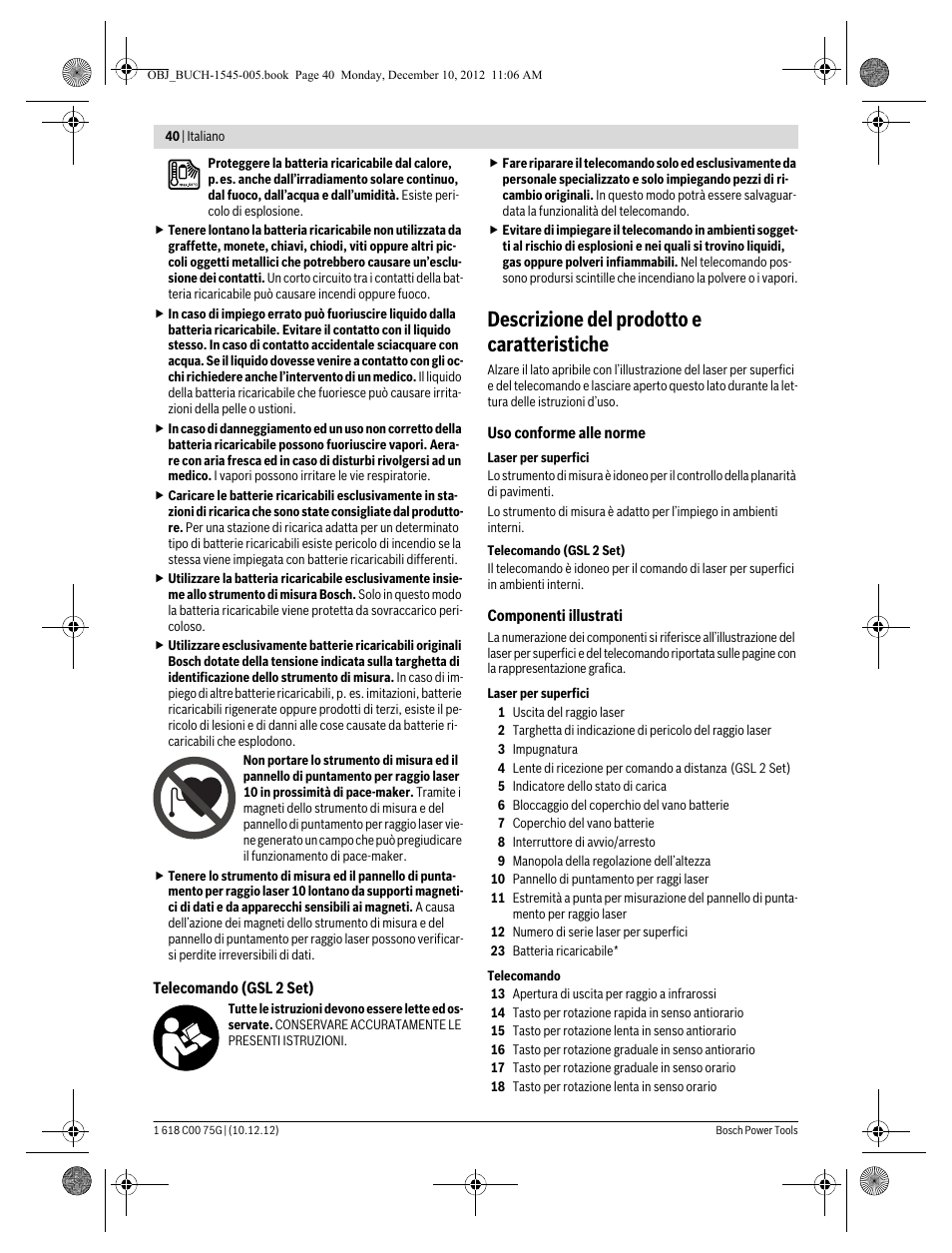 Descrizione del prodotto e caratteristiche | Bosch GSL 2 Professional User Manual | Page 40 / 184