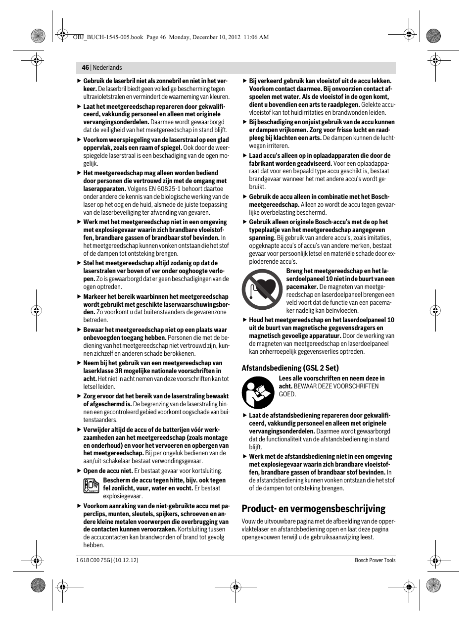 Product- en vermogensbeschrijving | Bosch GSL 2 Professional User Manual | Page 46 / 184