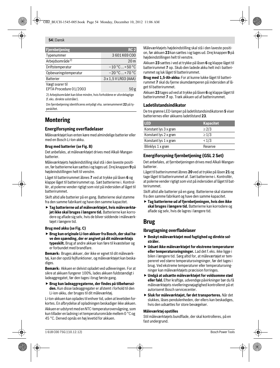 Montering, Brug | Bosch GSL 2 Professional User Manual | Page 54 / 184