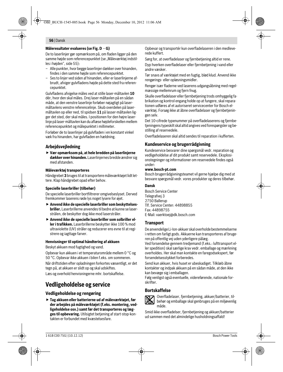 Vedligeholdelse og service | Bosch GSL 2 Professional User Manual | Page 56 / 184