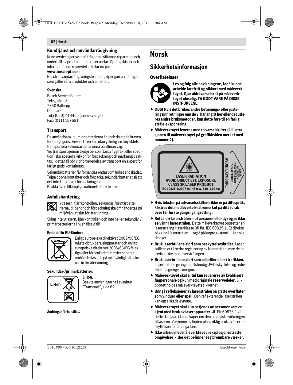 Norsk, Sikkerhetsinformasjon | Bosch GSL 2 Professional User Manual | Page 62 / 184