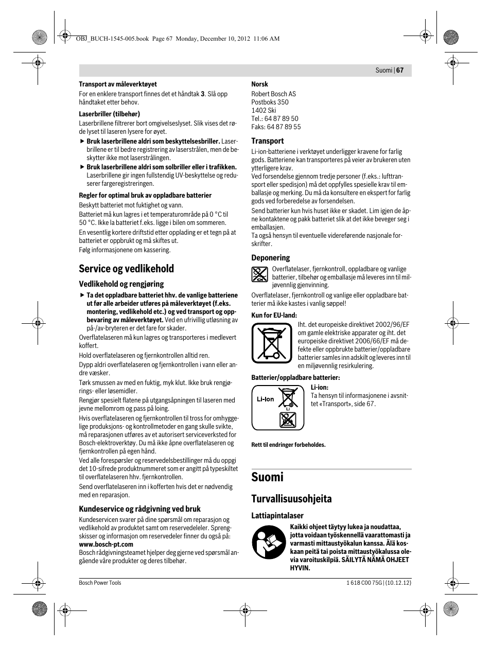 Suomi, Service og vedlikehold, Turvallisuusohjeita | Bosch GSL 2 Professional User Manual | Page 67 / 184