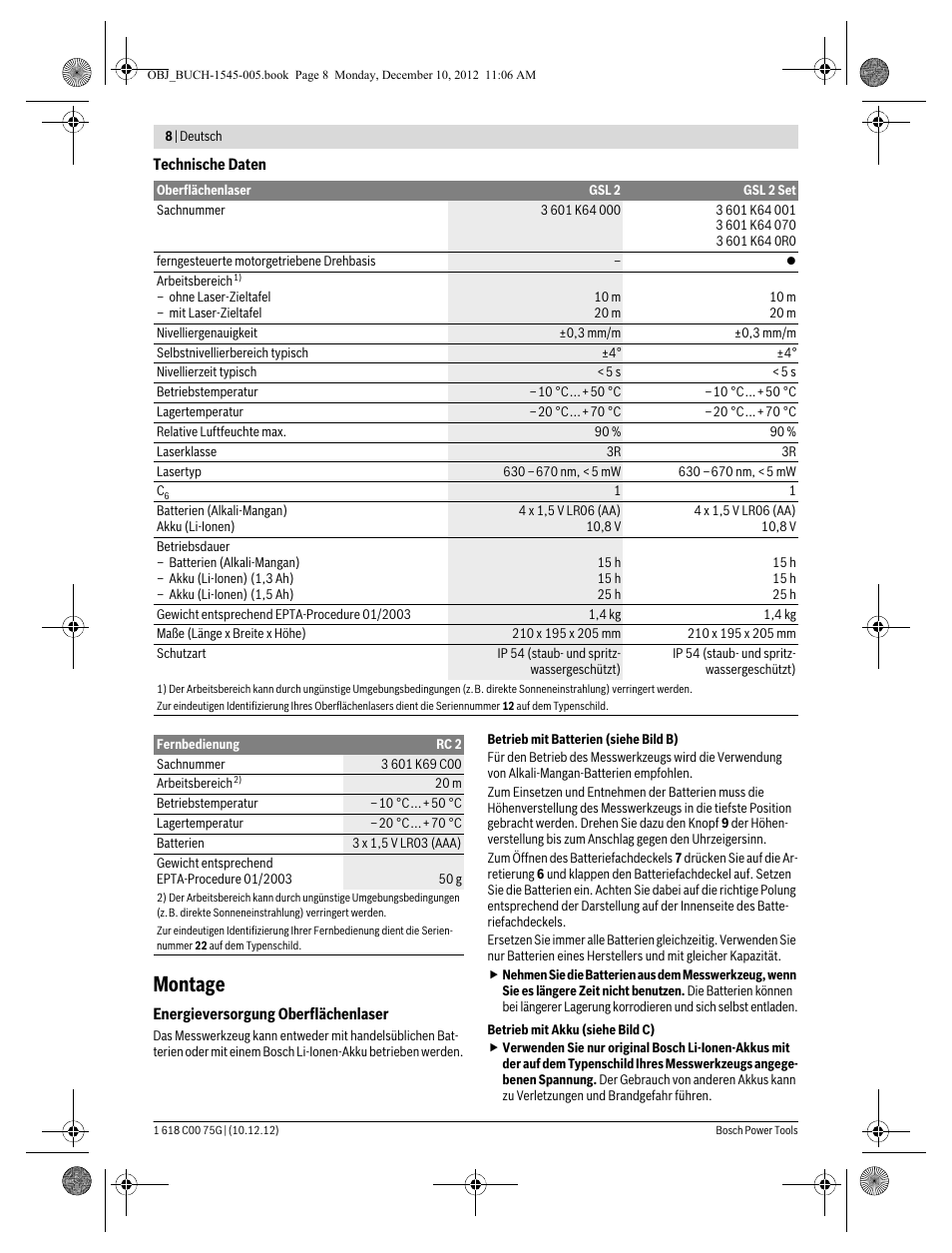 Montage | Bosch GSL 2 Professional User Manual | Page 8 / 184