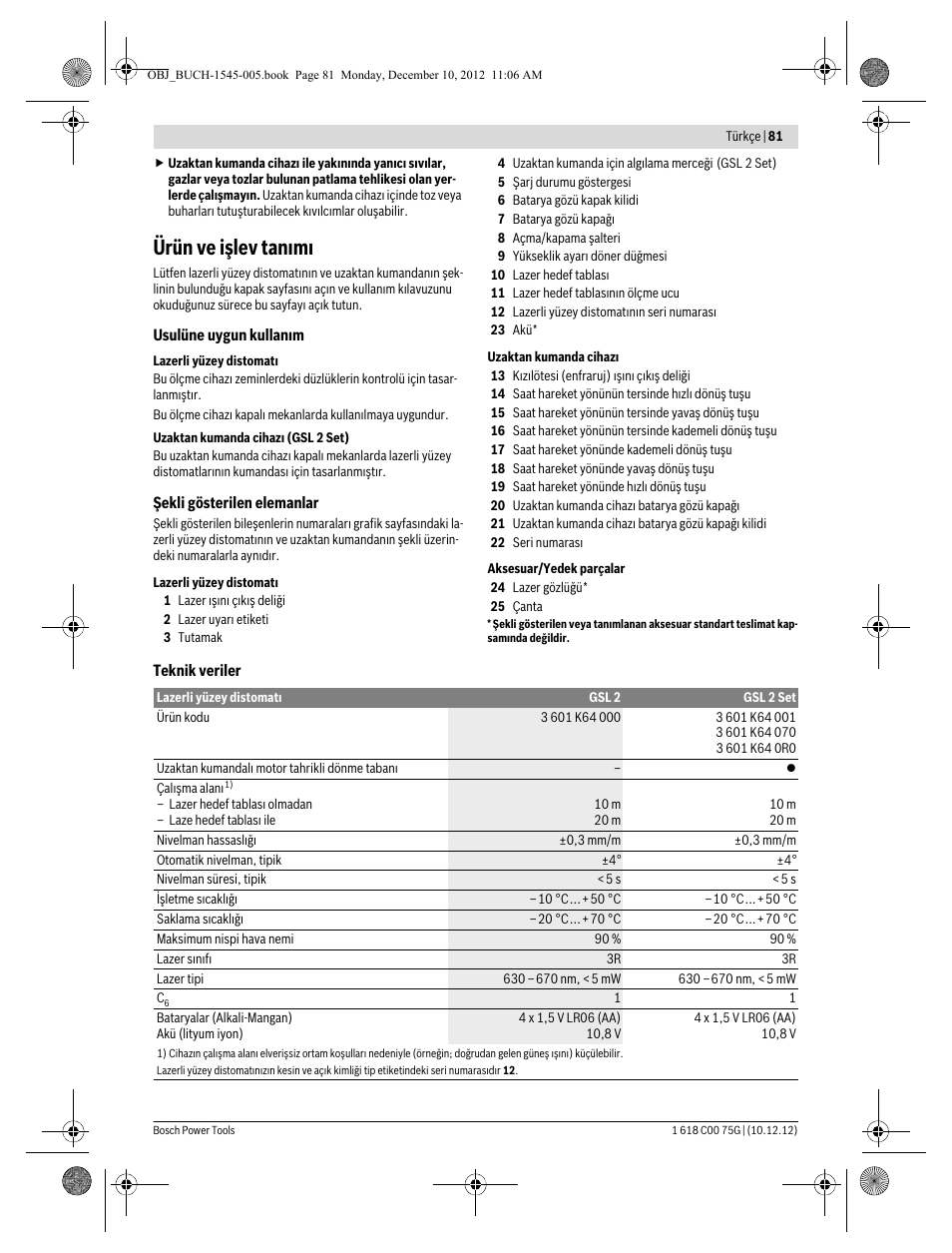 Ürün ve işlev tanımı | Bosch GSL 2 Professional User Manual | Page 81 / 184