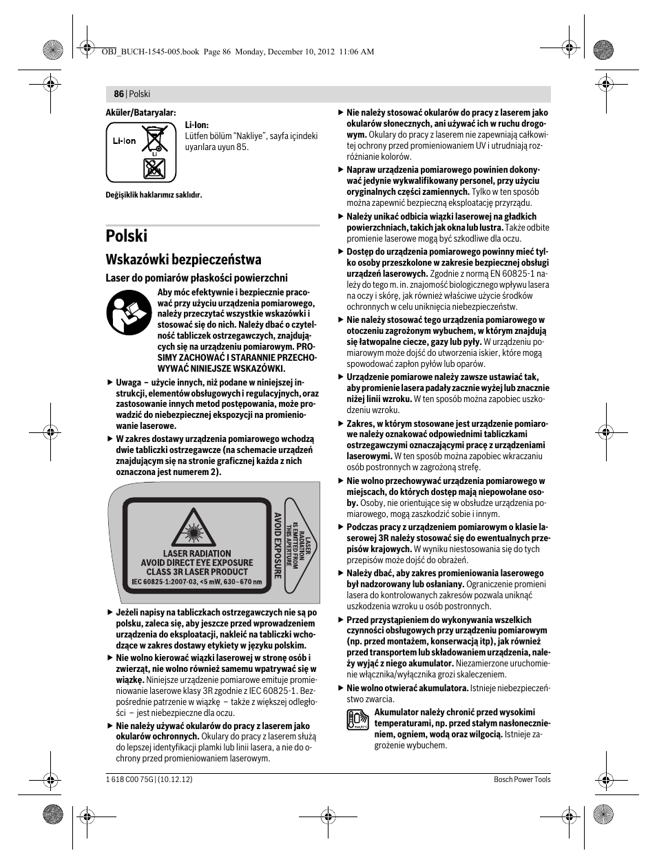 Polski, Wskazówki bezpieczeństwa | Bosch GSL 2 Professional User Manual | Page 86 / 184
