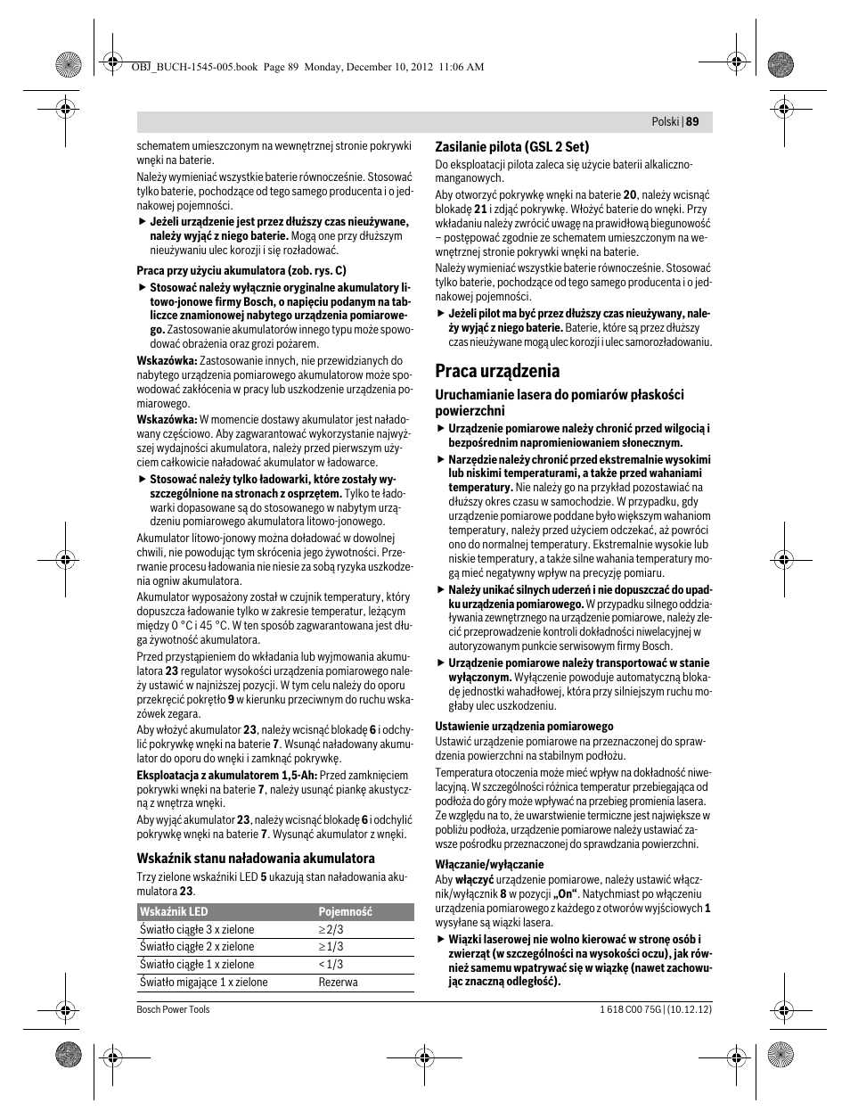 Praca urządzenia | Bosch GSL 2 Professional User Manual | Page 89 / 184