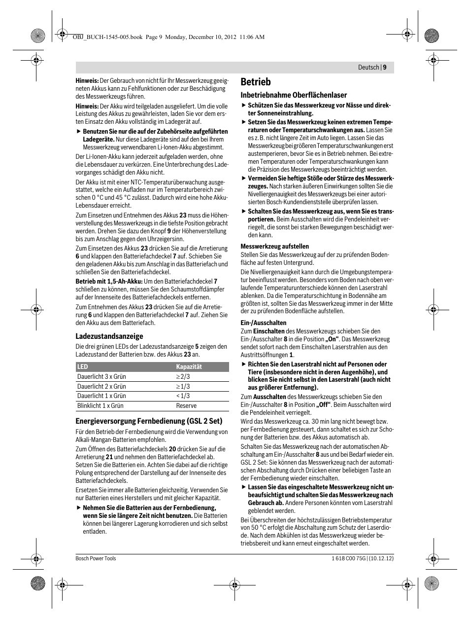 Betrieb | Bosch GSL 2 Professional User Manual | Page 9 / 184