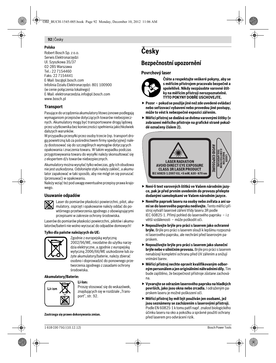 Česky, Bezpečnostní upozornění | Bosch GSL 2 Professional User Manual | Page 92 / 184