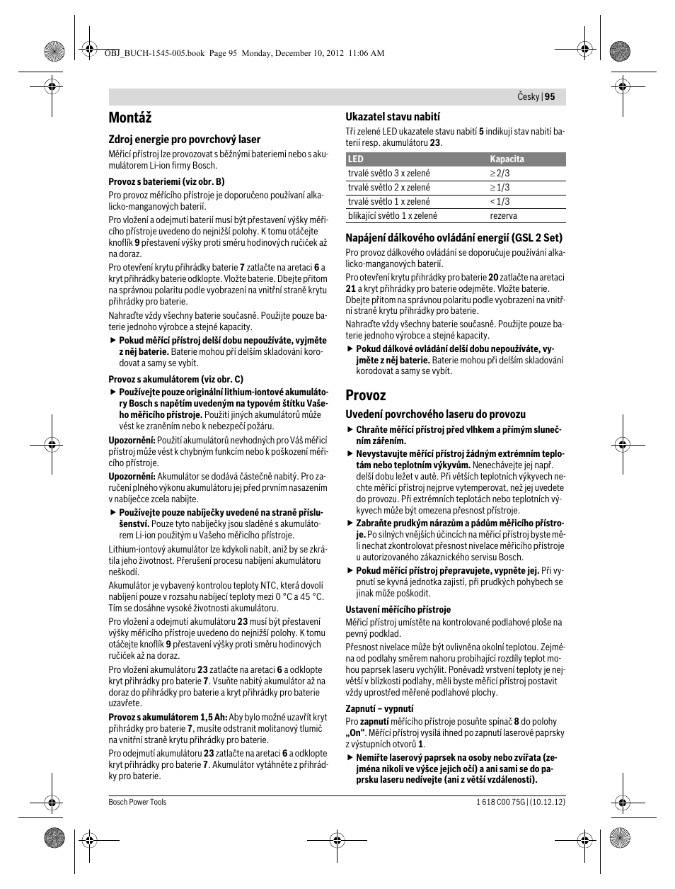 Montáž, Provoz | Bosch GSL 2 Professional User Manual | Page 95 / 184