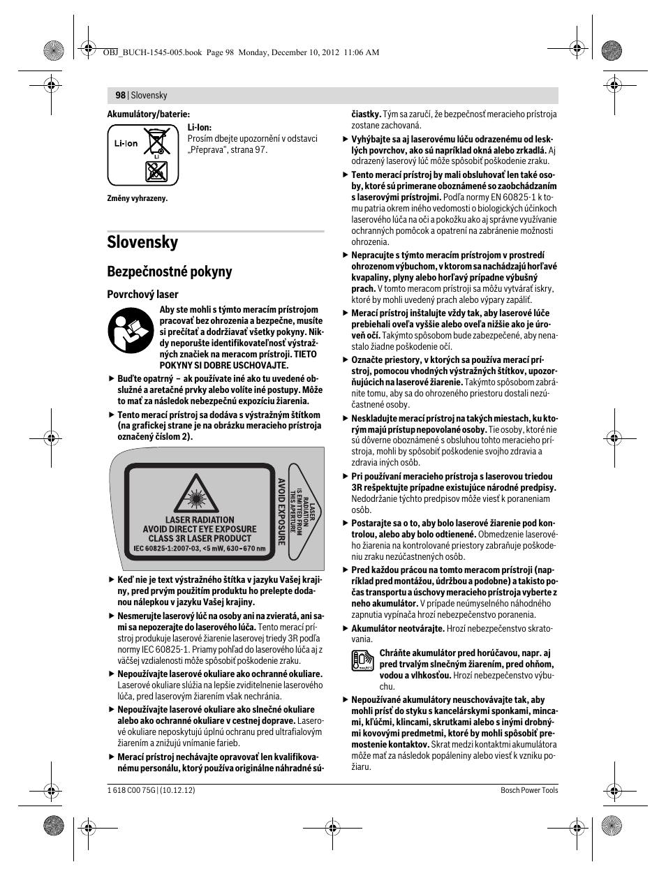 Slovensky, Bezpečnostné pokyny | Bosch GSL 2 Professional User Manual | Page 98 / 184