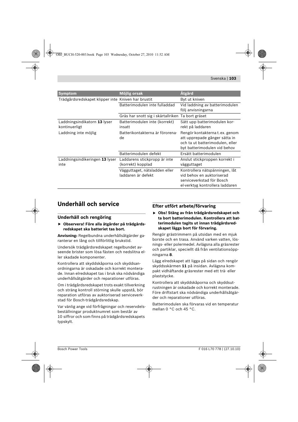 Underhåll och service | Bosch ART 23 LI User Manual | Page 103 / 297