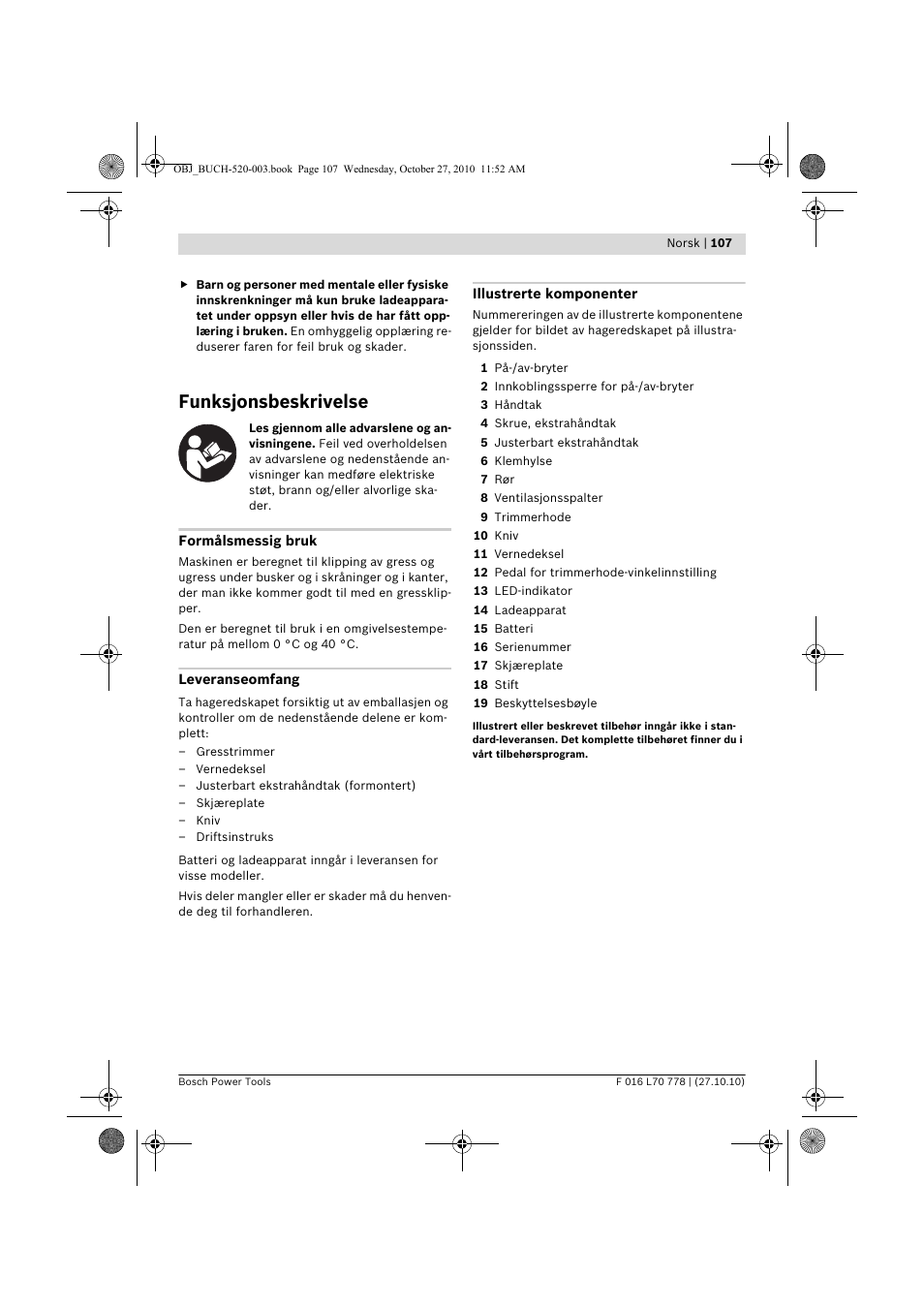 Funksjonsbeskrivelse | Bosch ART 23 LI User Manual | Page 107 / 297