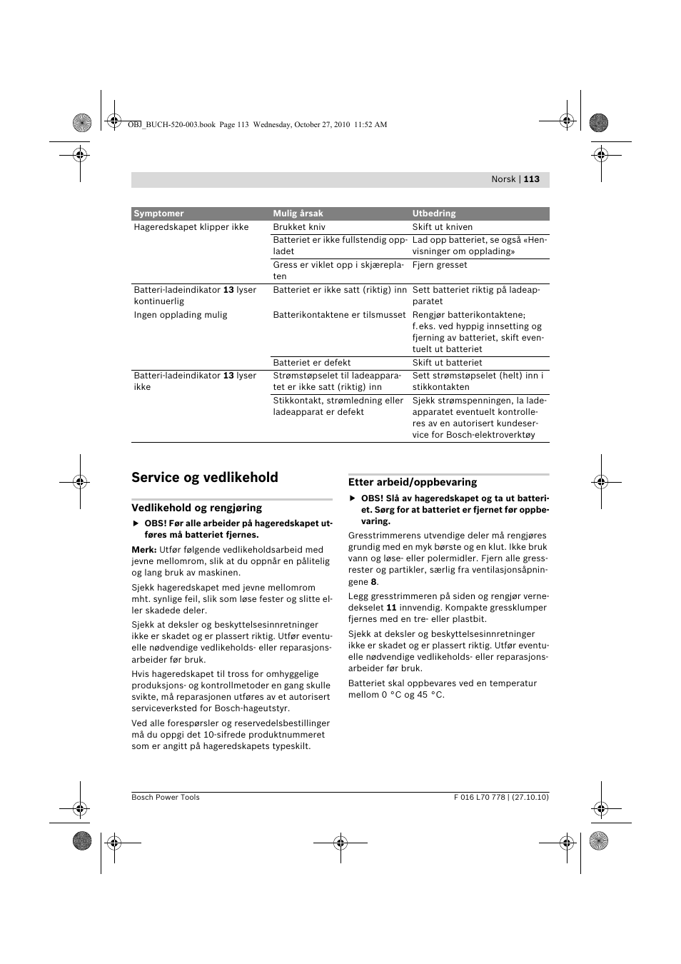 Service og vedlikehold | Bosch ART 23 LI User Manual | Page 113 / 297