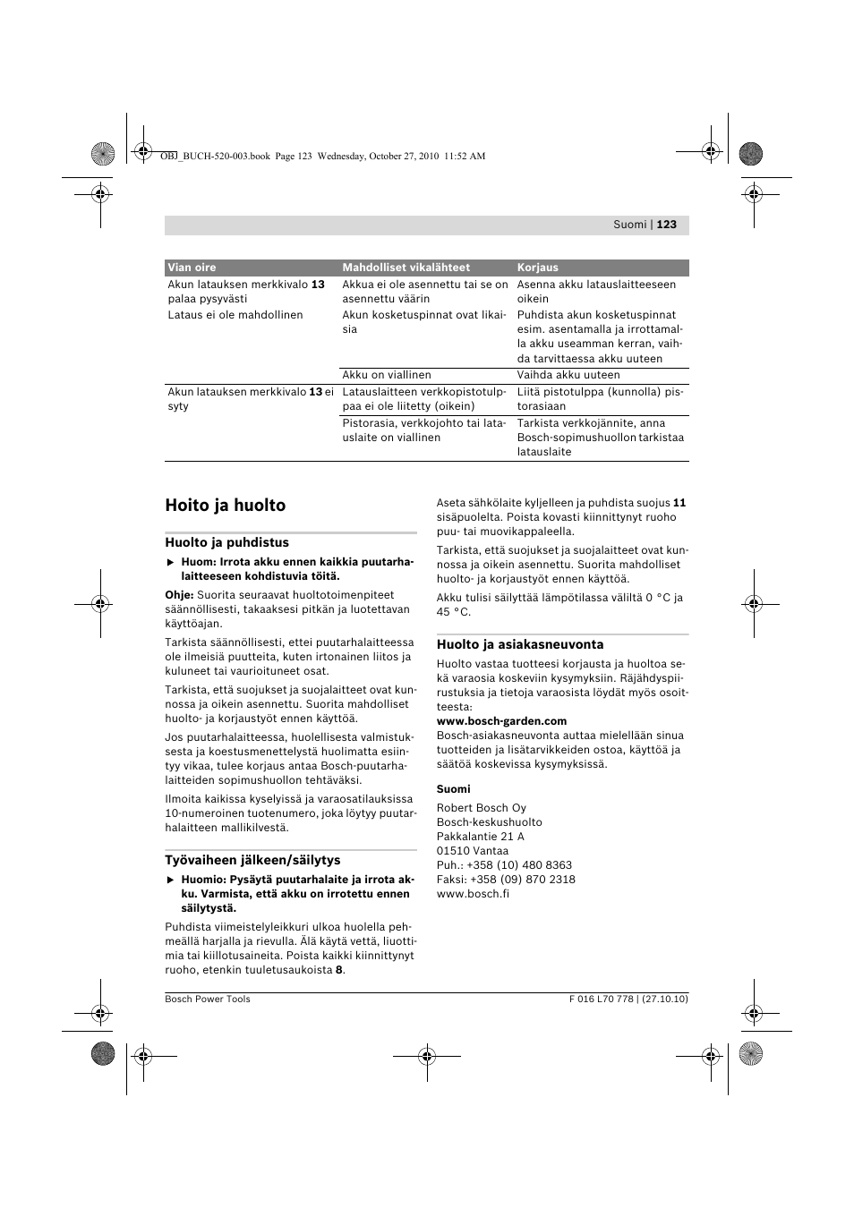 Hoito ja huolto | Bosch ART 23 LI User Manual | Page 123 / 297