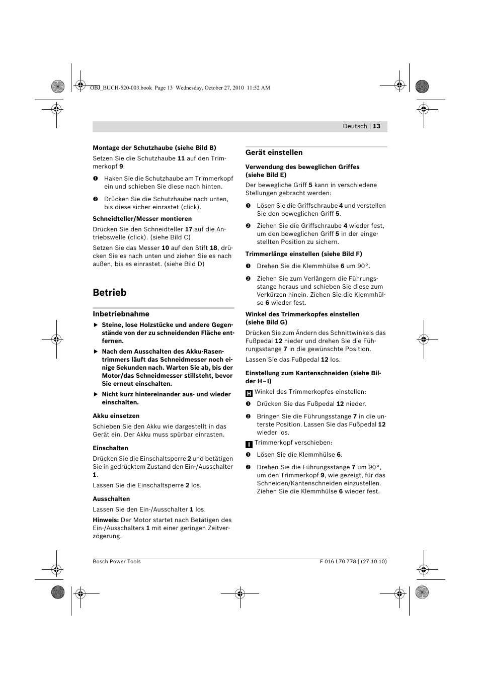 Betrieb | Bosch ART 23 LI User Manual | Page 13 / 297