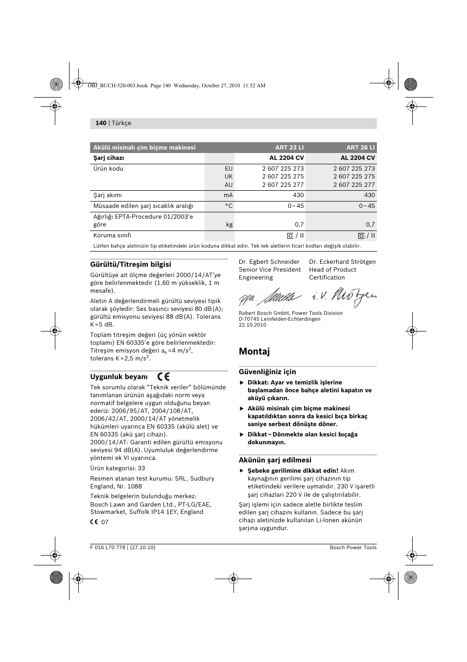 Montaj | Bosch ART 23 LI User Manual | Page 140 / 297