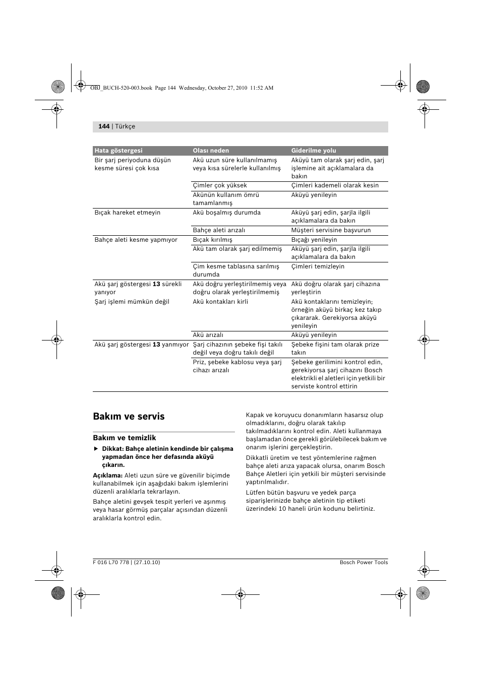 Bak m ve servis | Bosch ART 23 LI User Manual | Page 144 / 297