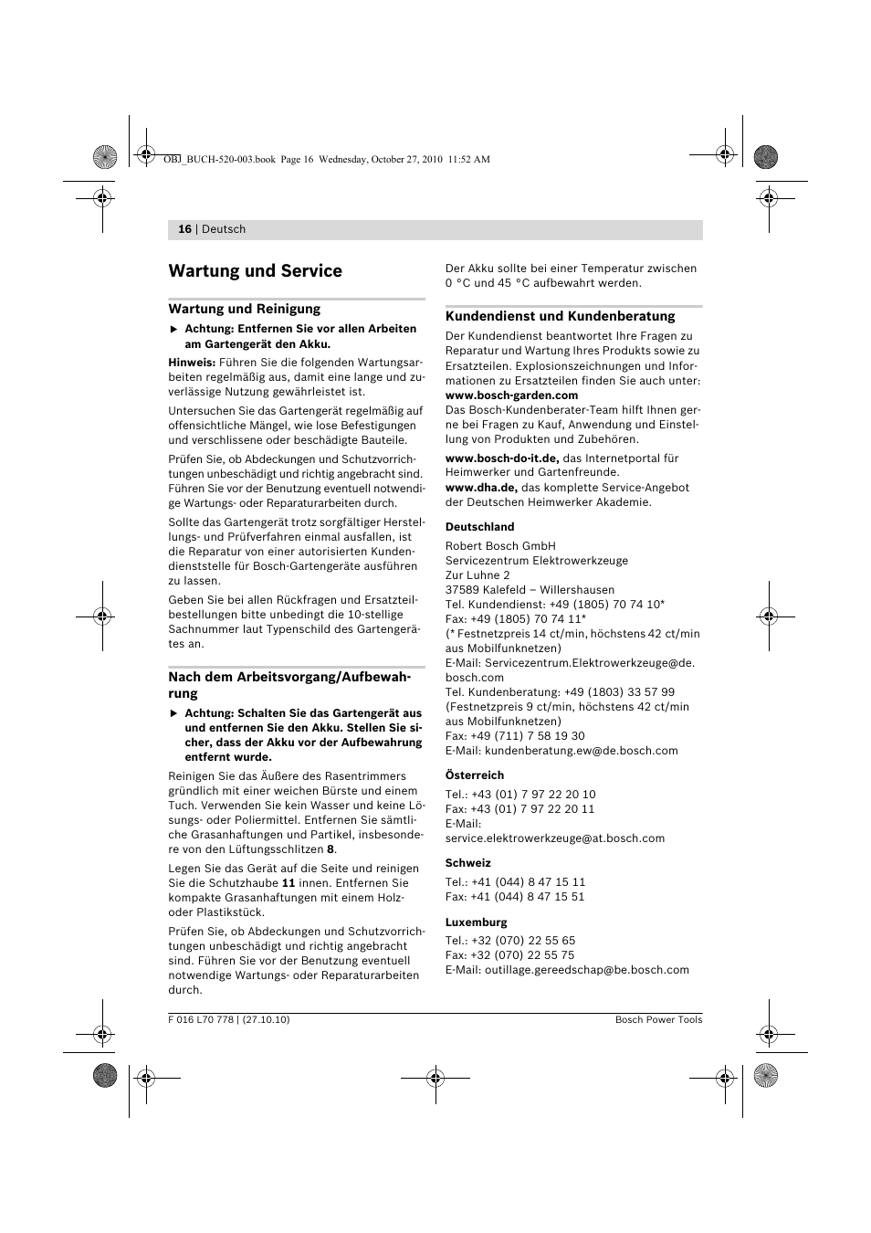 Wartung und service | Bosch ART 23 LI User Manual | Page 16 / 297