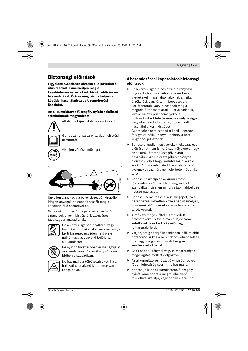 Biztonsági előírások | Bosch ART 23 LI User Manual | Page 179 / 297