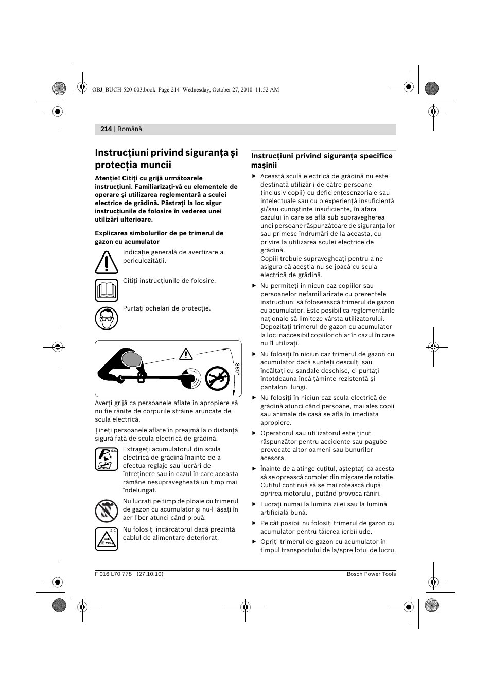 Instrucţiuni privind siguranţa şi protecţia muncii | Bosch ART 23 LI User Manual | Page 214 / 297