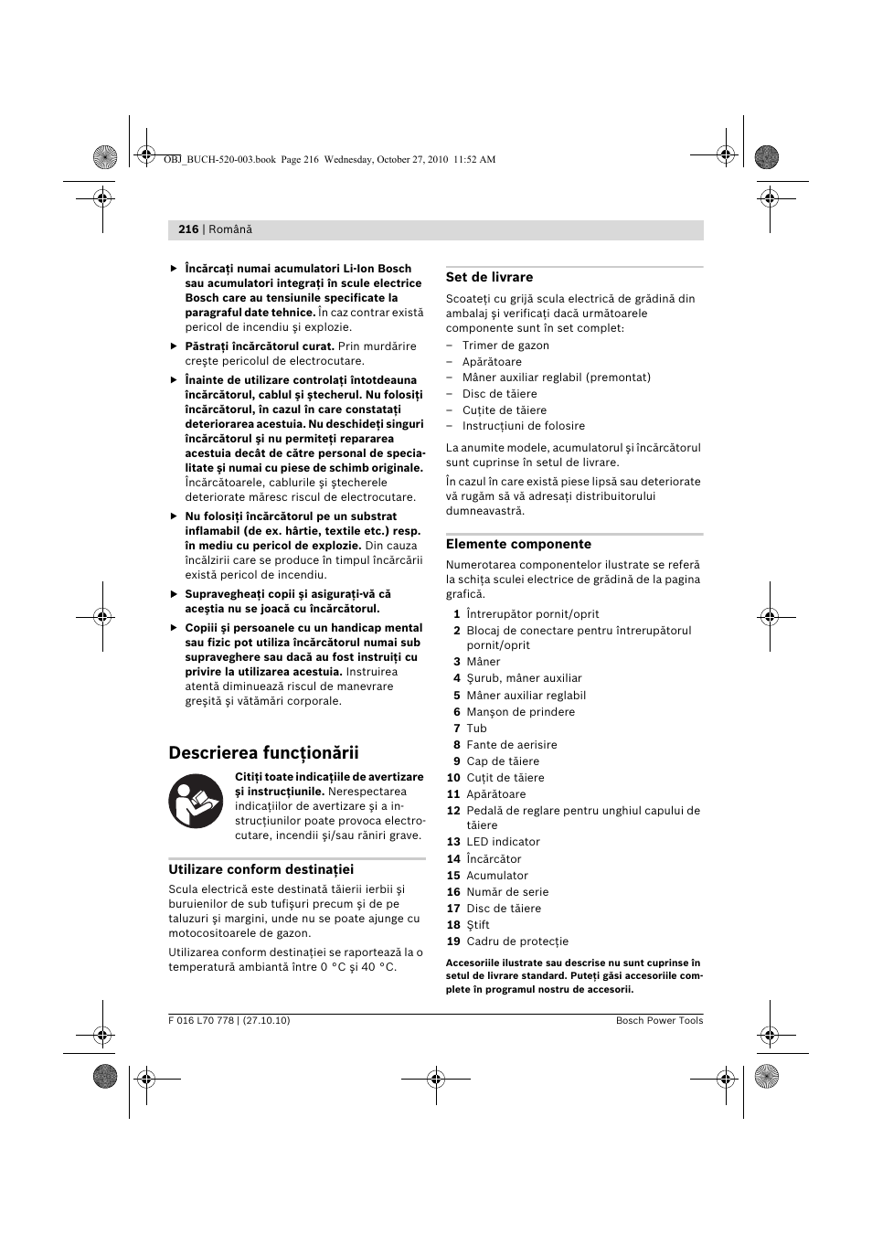 Descrierea funcţionării | Bosch ART 23 LI User Manual | Page 216 / 297