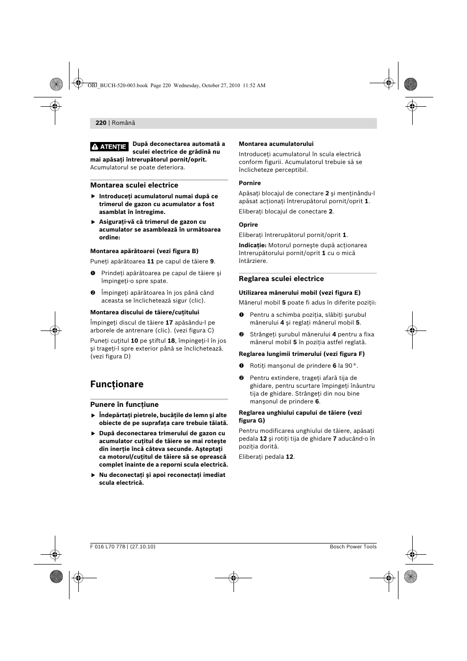 Funcţionare | Bosch ART 23 LI User Manual | Page 220 / 297