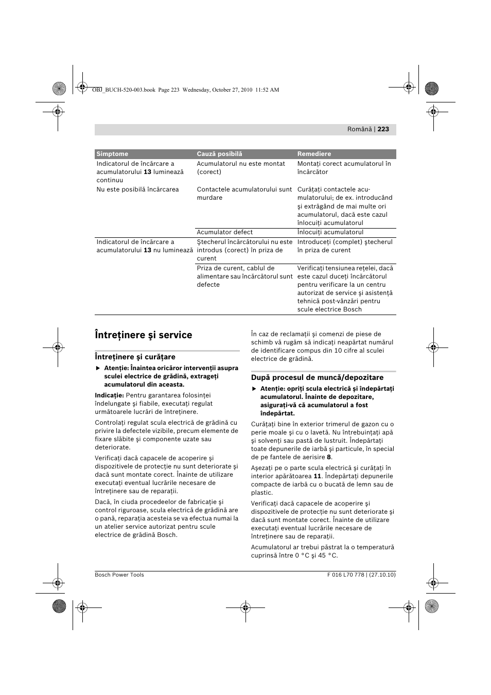 Întreţinere şi service | Bosch ART 23 LI User Manual | Page 223 / 297