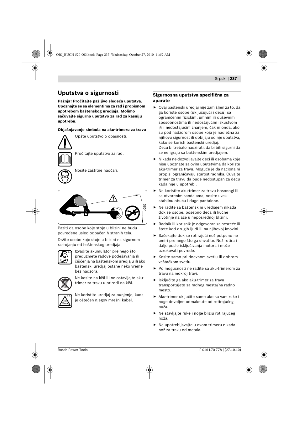 Uputstva o sigurnosti | Bosch ART 23 LI User Manual | Page 237 / 297