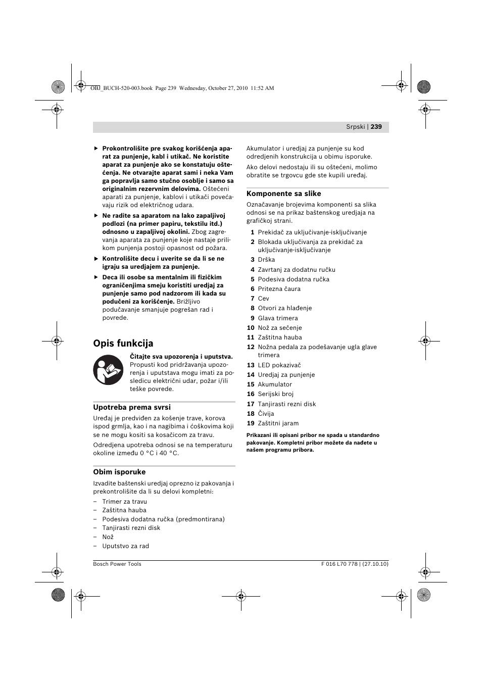 Opis funkcija | Bosch ART 23 LI User Manual | Page 239 / 297