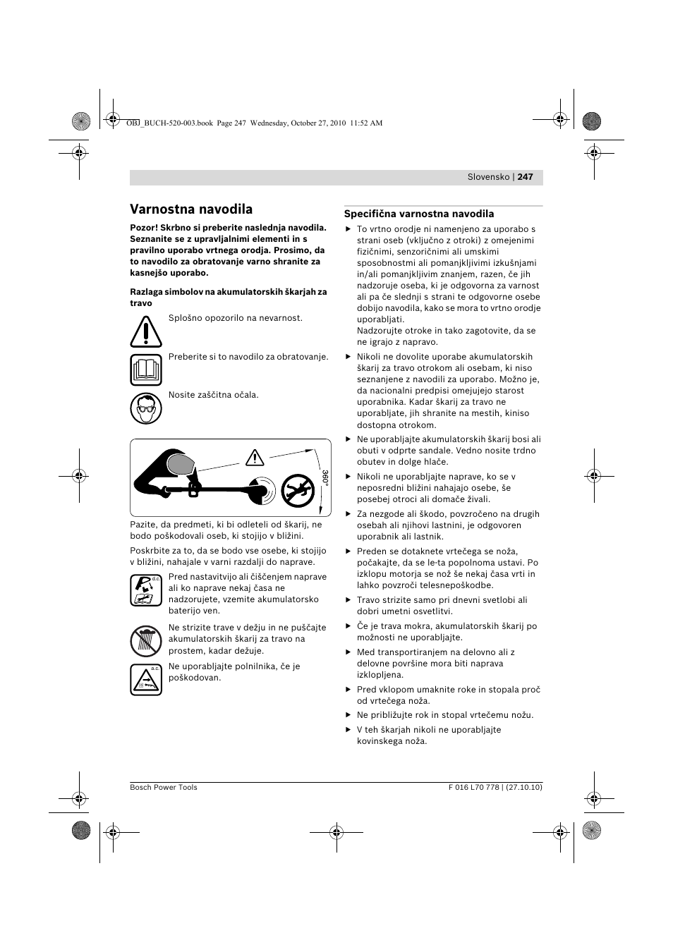 Varnostna navodila | Bosch ART 23 LI User Manual | Page 247 / 297