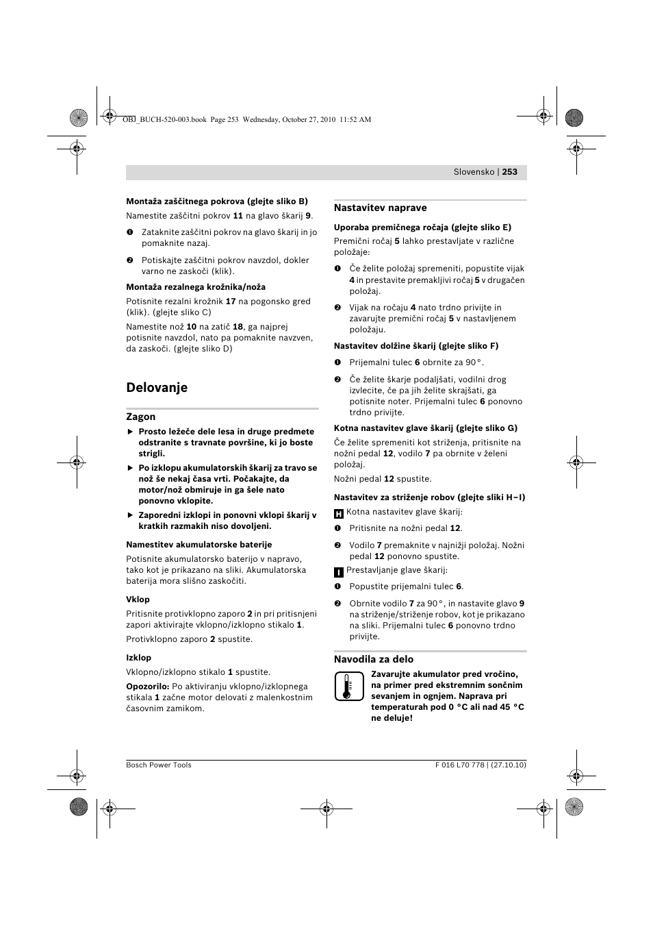 Delovanje | Bosch ART 23 LI User Manual | Page 253 / 297