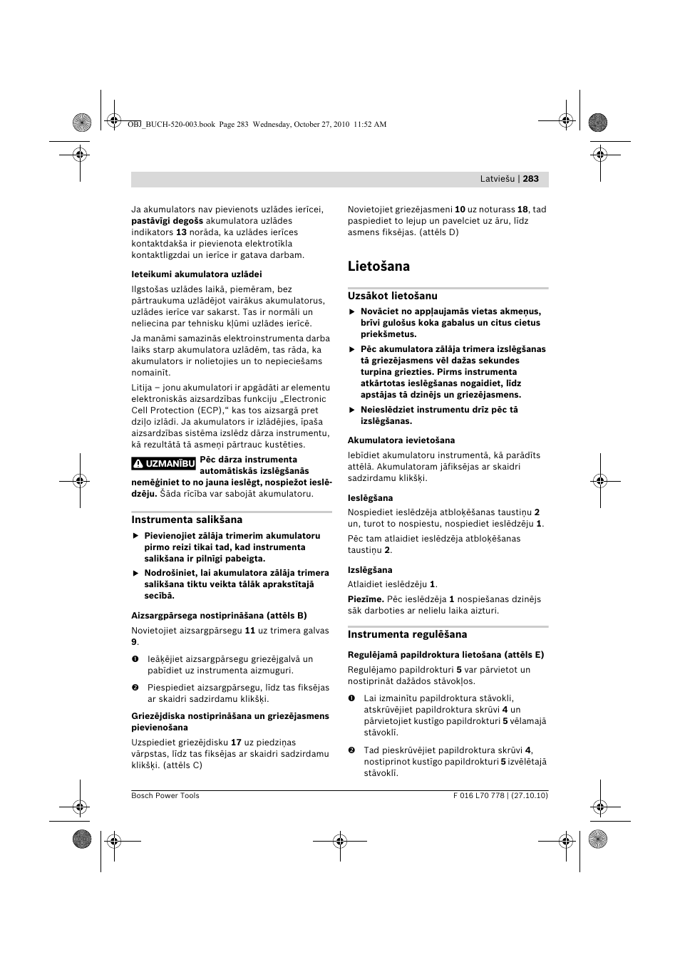 Lietošana | Bosch ART 23 LI User Manual | Page 283 / 297