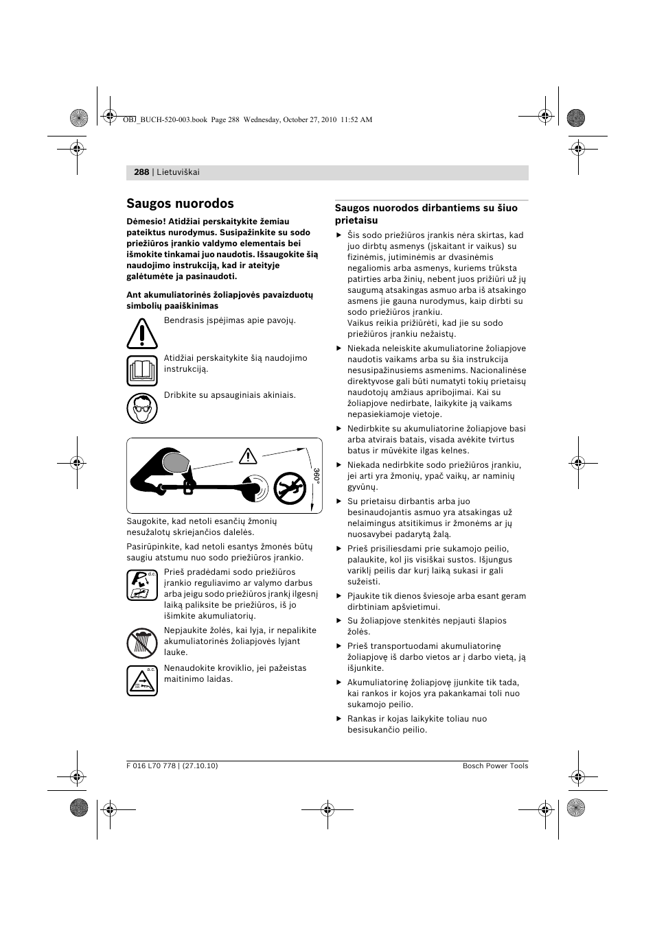 Saugos nuorodos | Bosch ART 23 LI User Manual | Page 288 / 297