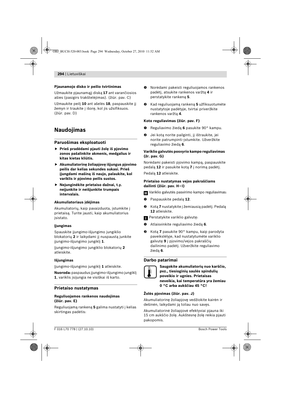 Naudojimas | Bosch ART 23 LI User Manual | Page 294 / 297