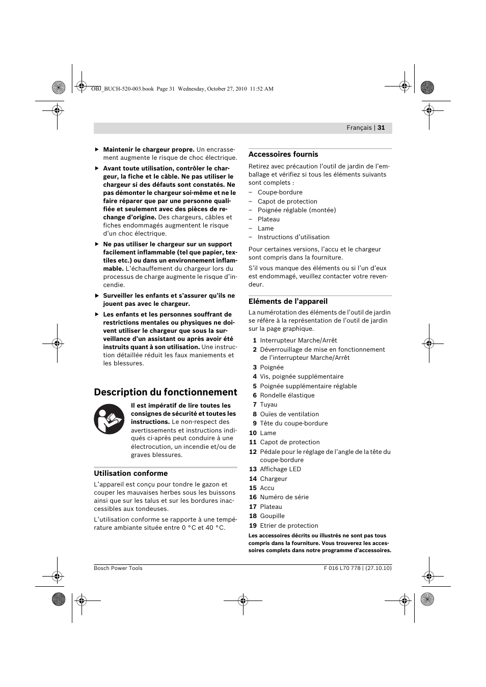 Description du fonctionnement | Bosch ART 23 LI User Manual | Page 31 / 297