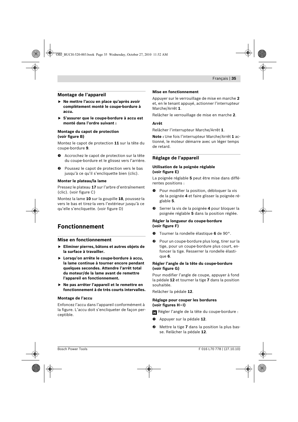 Fonctionnement | Bosch ART 23 LI User Manual | Page 35 / 297