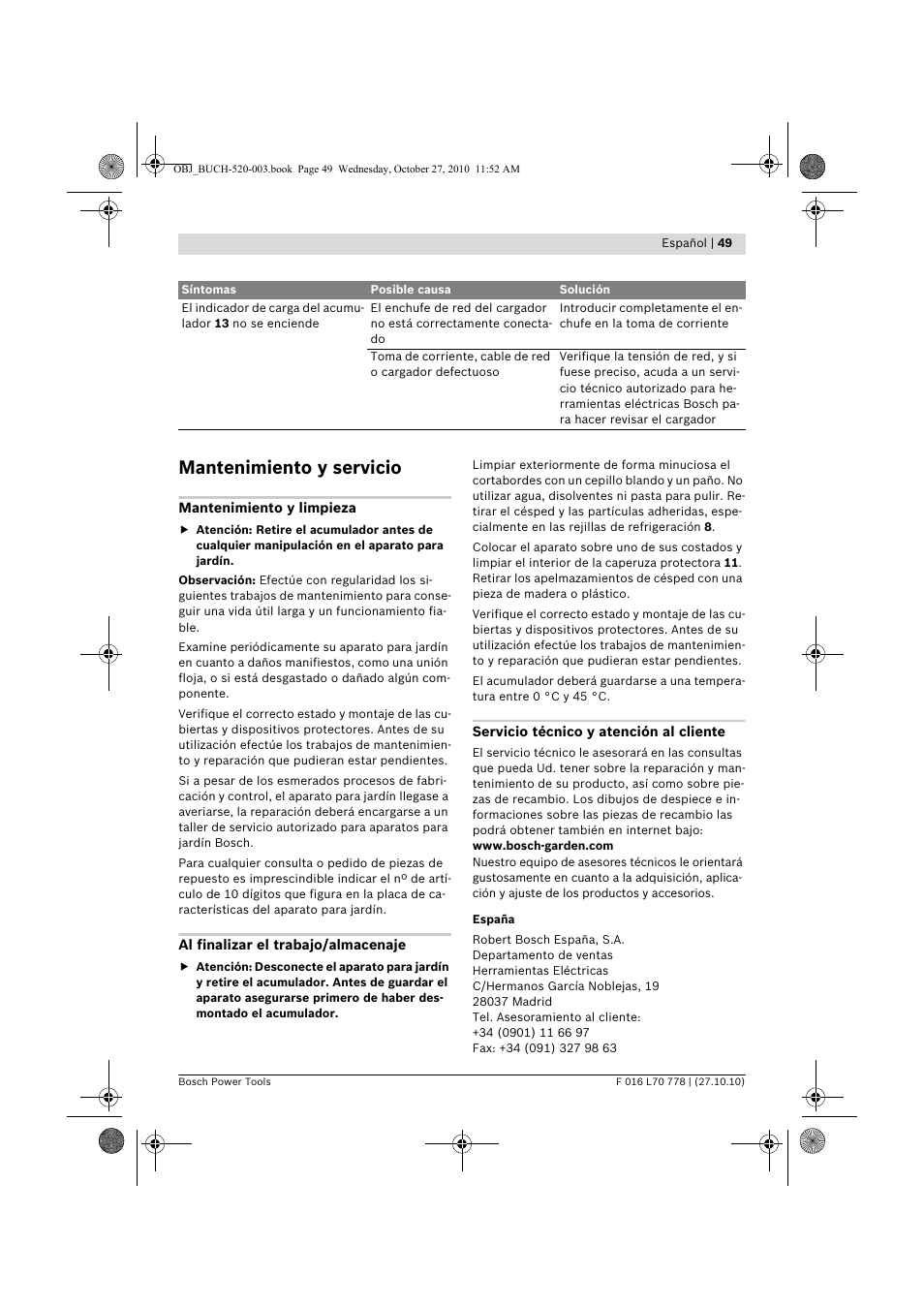 Mantenimiento y servicio | Bosch ART 23 LI User Manual | Page 49 / 297