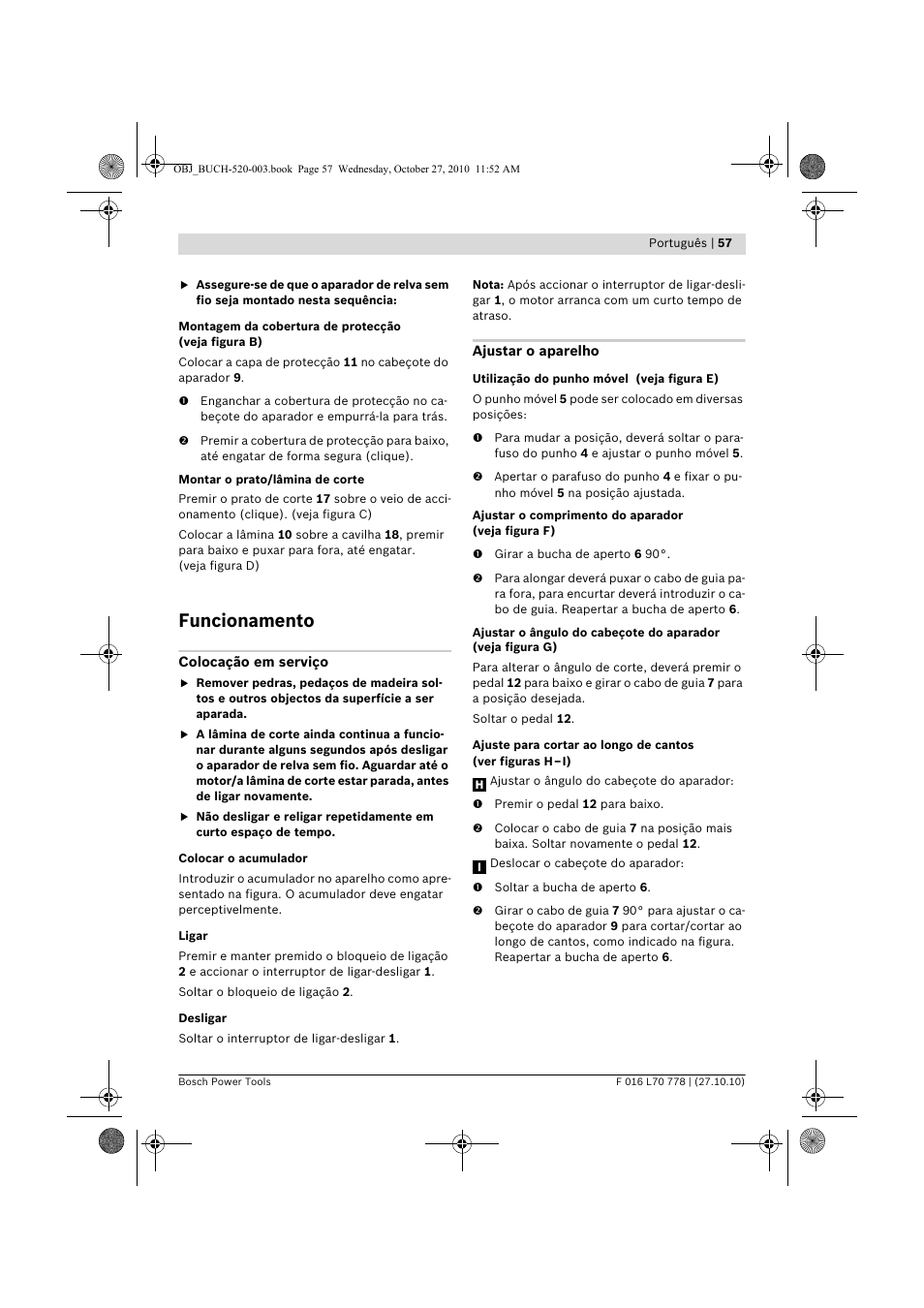 Funcionamento | Bosch ART 23 LI User Manual | Page 57 / 297