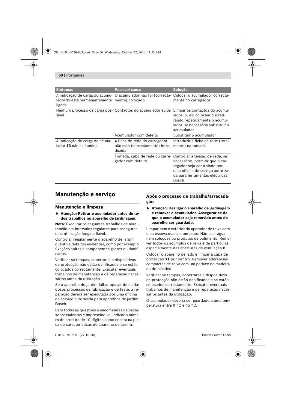 Manutenção e serviço | Bosch ART 23 LI User Manual | Page 60 / 297