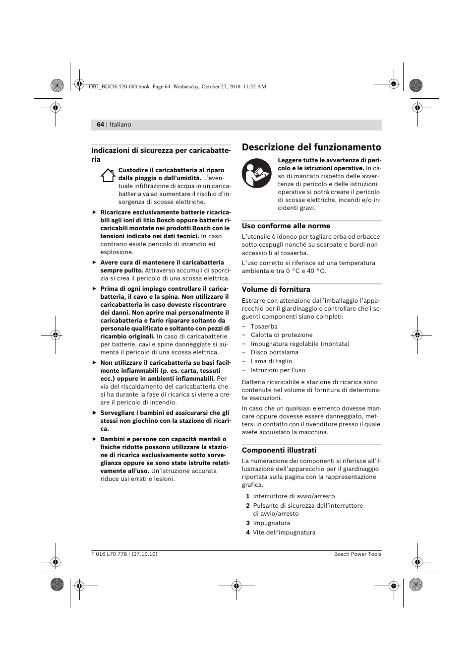 Descrizione del funzionamento | Bosch ART 23 LI User Manual | Page 64 / 297