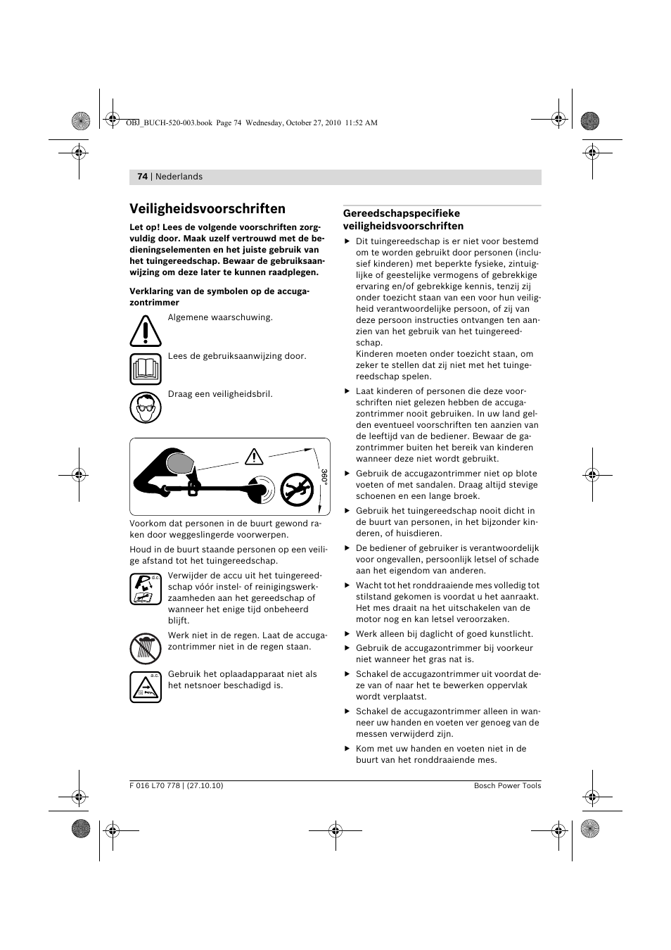 Veiligheidsvoorschriften | Bosch ART 23 LI User Manual | Page 74 / 297