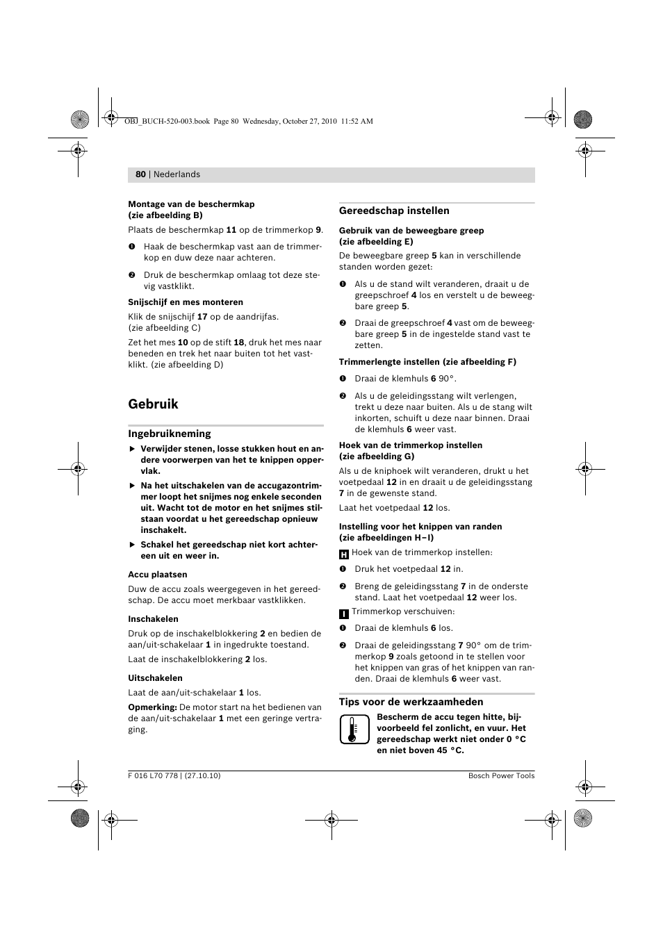 Gebruik | Bosch ART 23 LI User Manual | Page 80 / 297