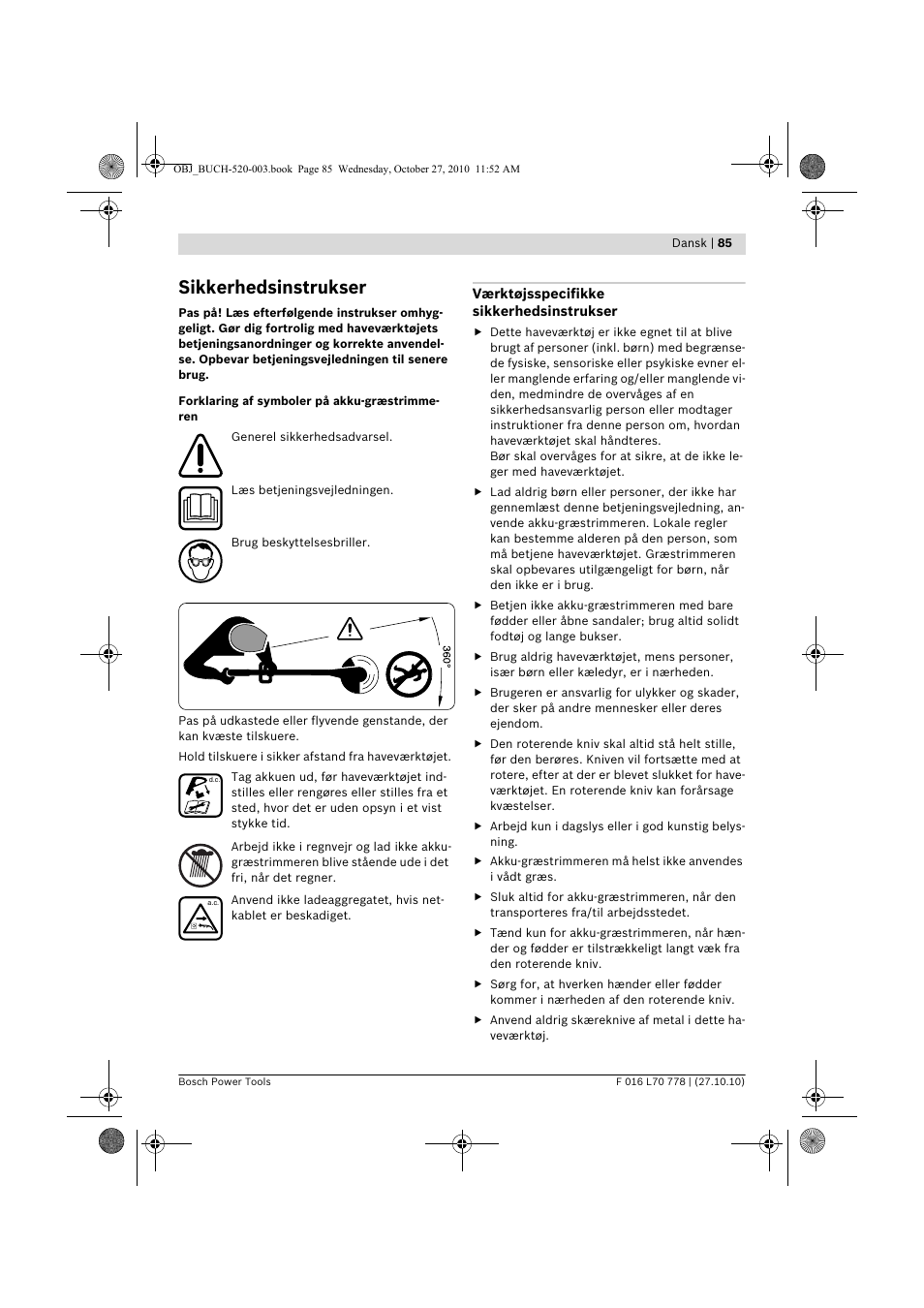 Sikkerhedsinstrukser | Bosch ART 23 LI User Manual | Page 85 / 297