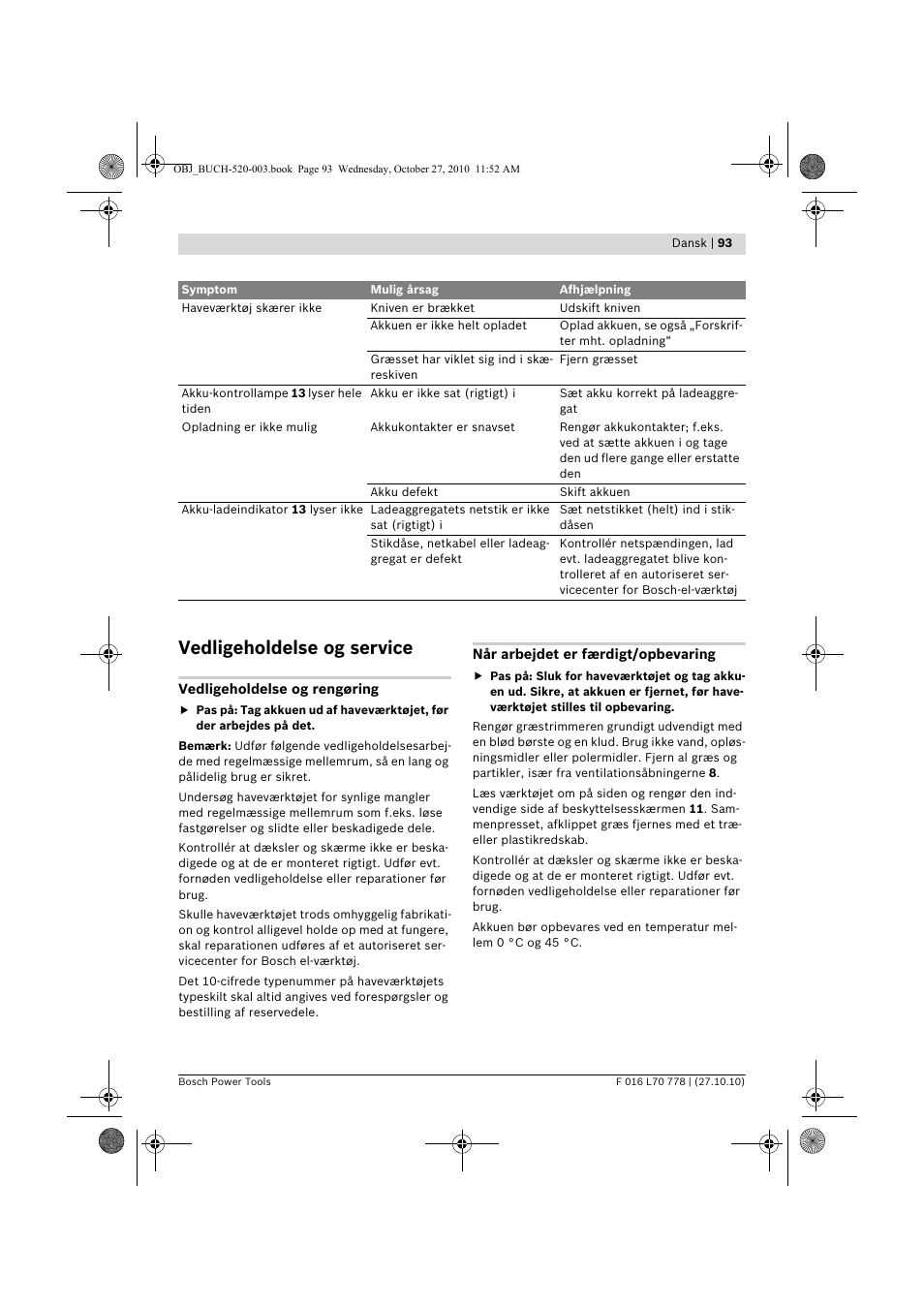 Vedligeholdelse og service | Bosch ART 23 LI User Manual | Page 93 / 297