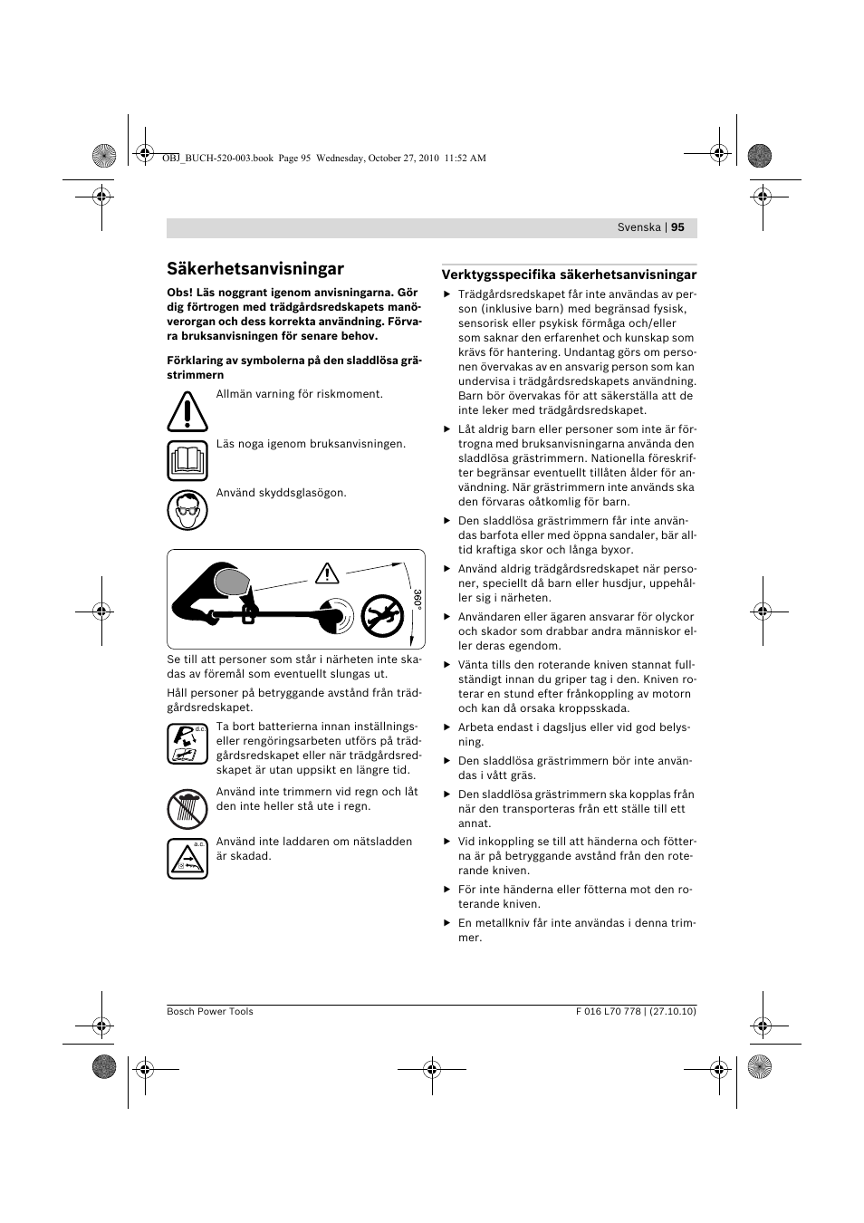 Säkerhetsanvisningar | Bosch ART 23 LI User Manual | Page 95 / 297